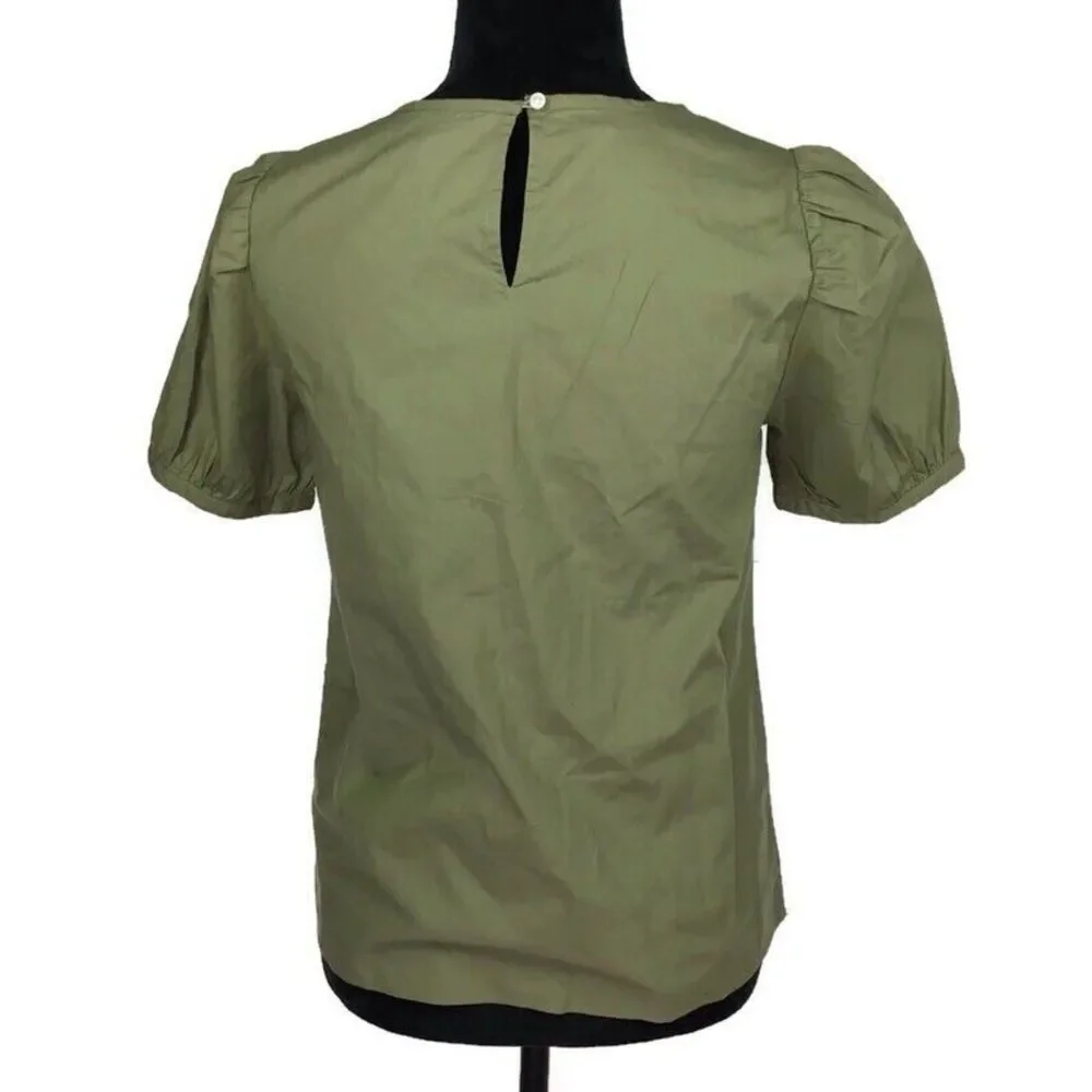 Green J. Crew Puff Sleeve Keyhole Back Cotton Poplin Short Sleeve Blouse (NWT)